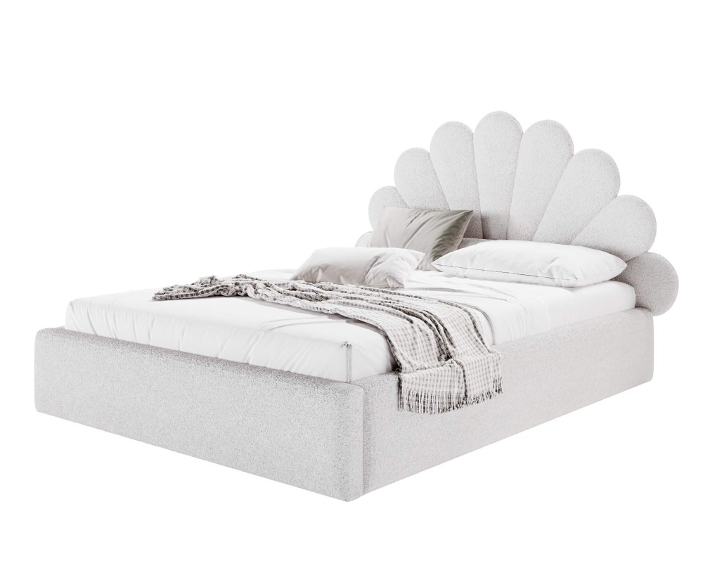 Jugendbett 120x200 cm mit Muschel-Kopfteil im BOUCLÉ-Stoff, Lattenrost mit Metallrahmen, SHELL