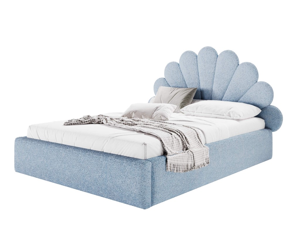 Jugendbett 120x200 cm mit Muschel-Kopfteil im BOUCLÉ-Stoff, Lattenrost mit Metallrahmen, SHELL