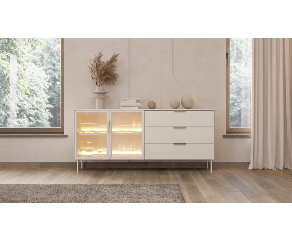 Elegante Kommode mit Schubladen und verglasten Fronten, Vitrine, Kaschmir, SOLARIS 181 2DS3 + LED Elegante Kommode mit Schubladen und verglasten Fronten, Vitrine, Kaschmir, SOLARIS 181 2DS3 + LED