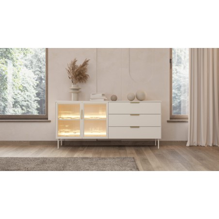 Elegante Kommode mit Schubladen und verglasten Fronten, Vitrine, Kaschmir, SOLARIS 181 2DS3 + LED