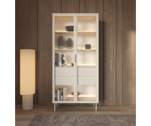 Stilvolle Vitrine mit Regalen und Schubladen, verglaste Fronten, Kaschmir, SOLARIS 2D2S Glas + LED