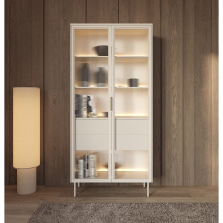 Stilvolle Vitrine mit Regalen und Schubladen, verglaste Fronten, Kaschmir, SOLARIS 2D2S Glas + LED