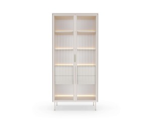 Stilvolle Vitrine mit Regalen und Schubladen, verglaste Fronten, Kaschmir, SOLARIS 2D2S Glas + LED