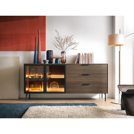 Kommode mit Schubladen und eleganter Verglasung, Eiche Dunin, SOLARIS 181 2DS3 + LED