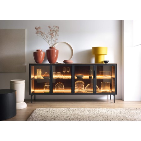 Kommode mit Regalen und verglasten Fronten, Vitrine, Eiche Dunin, SOLARIS 181 4D + LED