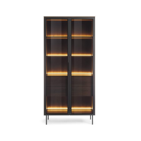 Hohe Glasvitrine mit Regalen und Schubladen, verglaste Fronten, Eiche Dunin, SOLARIS 2D2S Glas + LED