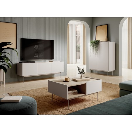 Stilvolles Möbelset für Wohnzimmer, griffloses Design, Metallfüße, Kaschmir / Eiche Linea, PAFOS