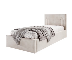 Stilvolles Einzelbett 90x200 cm mit Bettkasten, Lattenrost und pflegeleichtem Stoff, vom Fußteil geöffnet, AZURO S09