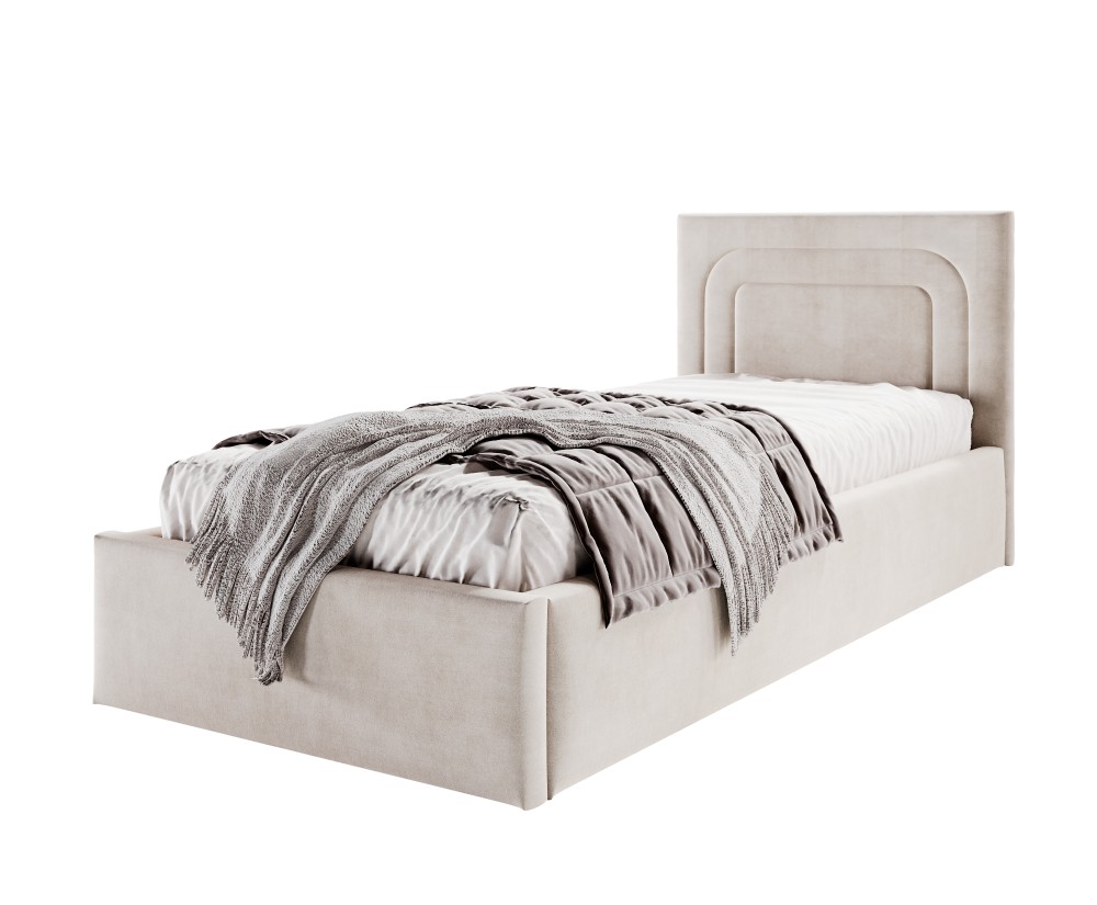 Stilvolles Einzelbett 90x200 cm mit Bettkasten, Lattenrost und pflegeleichtem Stoff, vom Fußteil geöffnet, AZURO S09