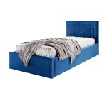 Stilvolles Einzelbett 90x200 cm mit Bettkasten, Lattenrost und pflegeleichtem Stoff, vom Fußteil geöffnet, AZURO S09