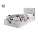 Stilvolles Einzelbett 90x200 cm mit Bettkasten, Lattenrost und pflegeleichtem Stoff, vom Fußteil geöffnet, AZURO S09