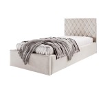 Jugendbett 90x200 cm mit Rauten-Kopfteil, Samtstoff, vom Fußteil geöffnet, AZURO S10