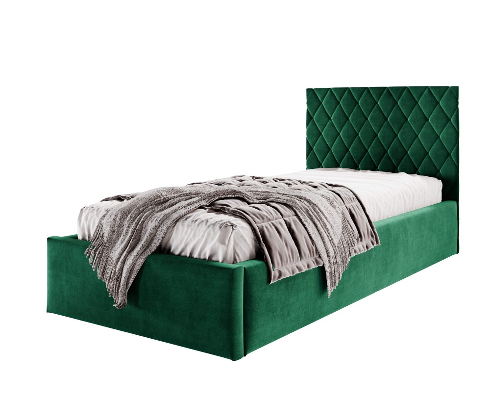 Jugendbett 90x200 cm mit Rauten-Kopfteil, Samtstoff, vom Fußteil geöffnet, AZURO S10