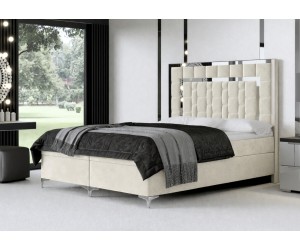 Elegantes Doppelbett 200x200 cm, Ehebett, Hotelbett, hohes Kopfteil aus Polsterpaneelen, Zierleisten, BERLIN 1M