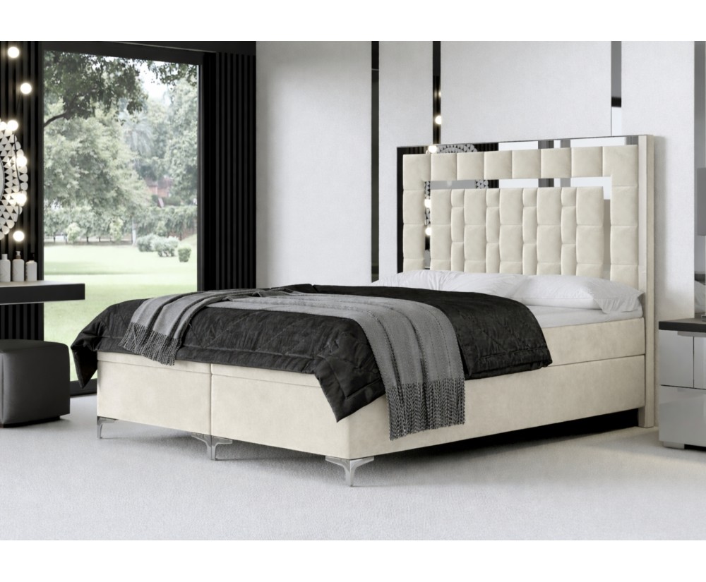 Luxusbett 180x200 cm, Ehebett, Hotelbett, hohes Kopfteil aus Polsterpaneelen, Zierleisten, BERLIN 1M