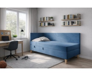 Einzelbett 90x200 cm mit Bettkasten, Holzfüße, NEPTUN 2M