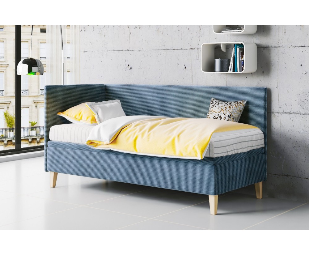Jugendbett 90x200 cm mit Bettkasten, Cord LINCOLN, Füße aus Eichenholz, TOMAS