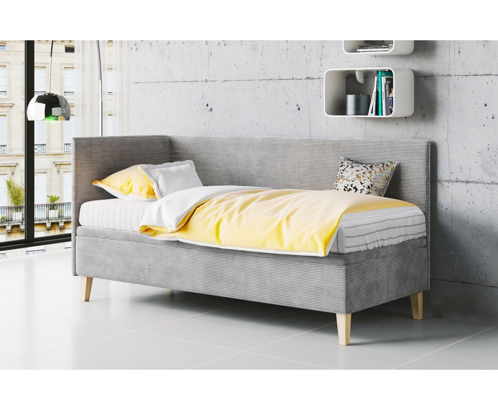 Jugendbett 90x200 cm mit Bettkasten, Cord LINCOLN, Füße aus Eichenholz, TOMAS