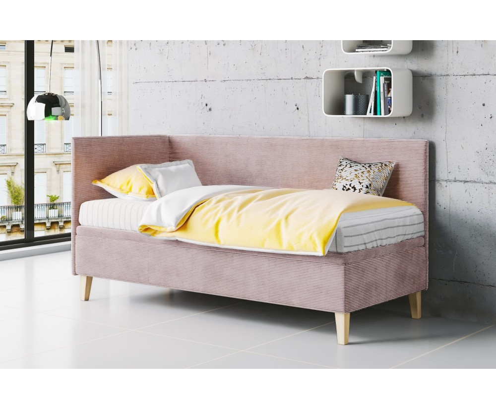 Einzelbett 100x200 cm mit Bettkasten, Cord LINCOLN, Füße aus Eichenholz, TOMAS
