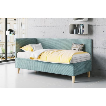 Einzelbett 100x200 cm mit Bettkasten, Cord LINCOLN, Füße aus Eichenholz, TOMAS