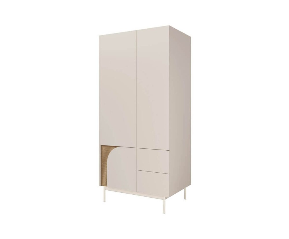 Stilvoller Kleiderschrank zweitürig mit Schubladen, Schrank für Schlaf- oder Jugendzimmer, Macadamia / Eiche Spring KARMEL 1 Stilvoller Kleiderschrank zweitürig mit Schubladen, Schrank für Schlaf- oder Jugendzimmer, Macadamia / Eiche Spring KARMEL 1