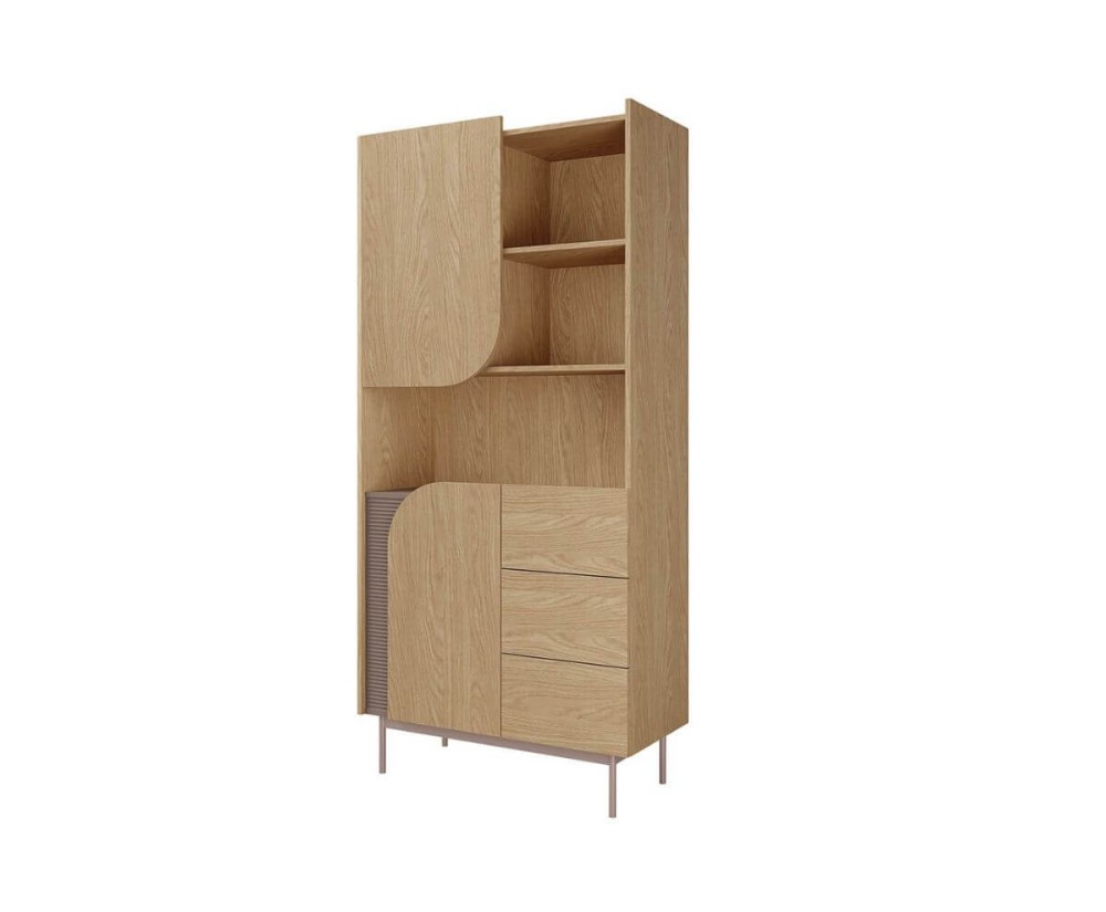 Modernes Regal mit offenen Fächern und Schubladen für das Wohnzimmer, Eiche Spring / Toffee, KARMEL 2 Modernes Regal mit offenen Fächern und Schubladen für das Wohnzimmer, Eiche Spring / Toffee, KARMEL 2