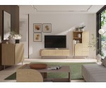 Modernes Regal mit offenen Fächern und Schubladen für das Wohnzimmer, Eiche Spring / Toffee, KARMEL 2 Modernes Regal mit offenen Fächern und Schubladen für das Wohnzimmer, Eiche Spring / Toffee, KARMEL 2