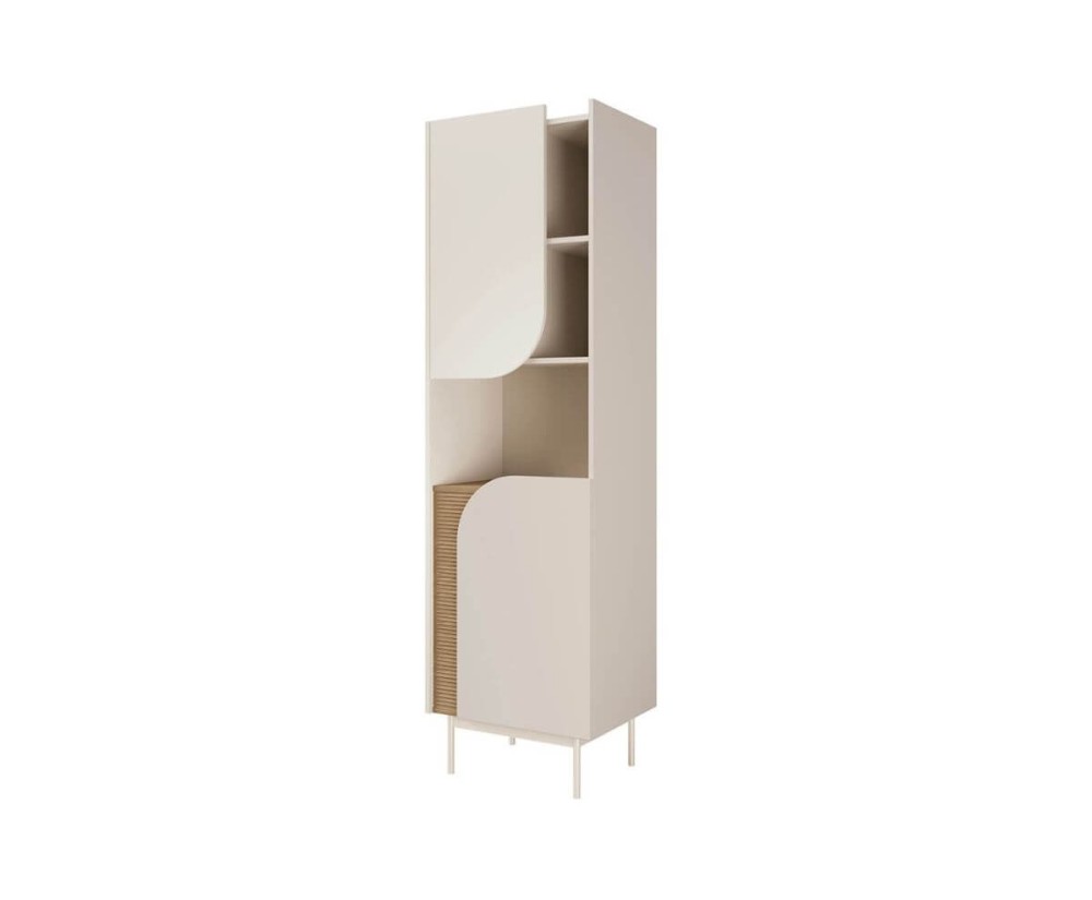 Schmales Hochregal mit offenen und geschlossenen Fächern für das Wohnzimmer, Macadamia / Eiche Spring KARMEL 3