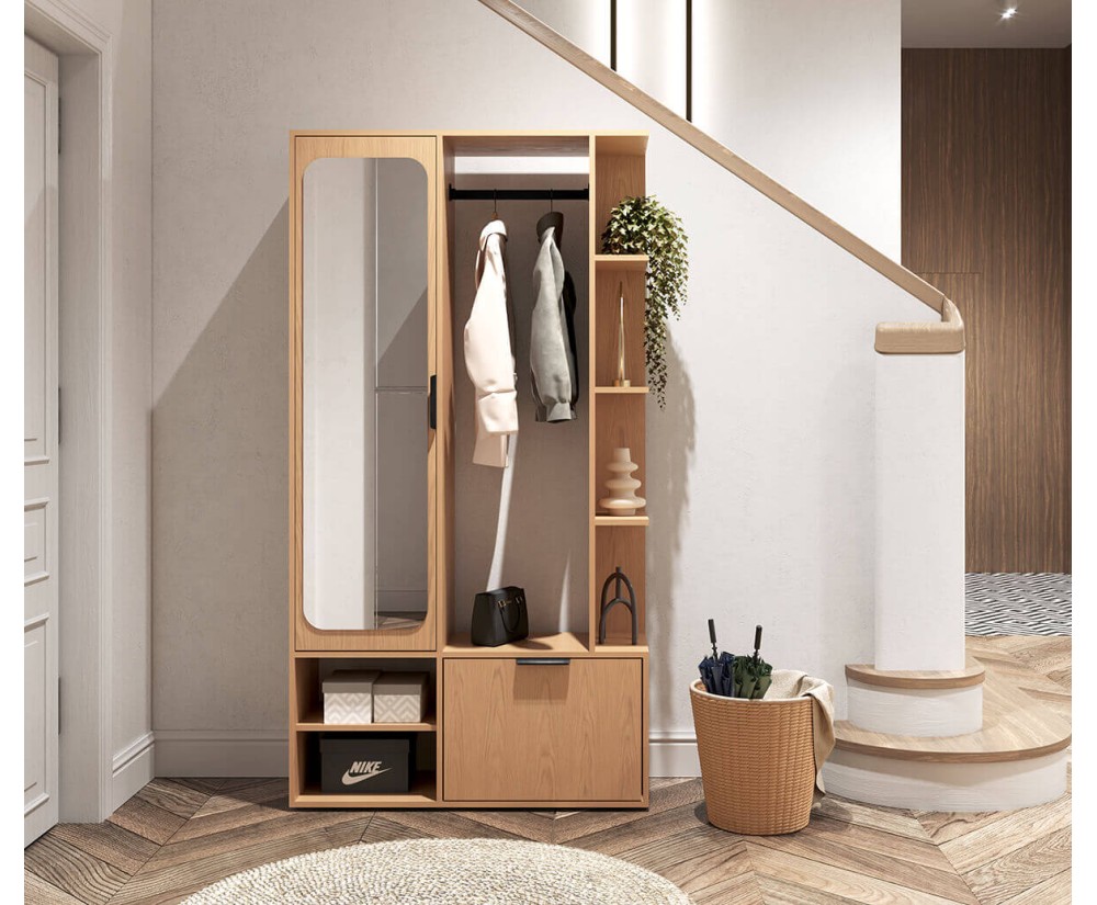 Flurset mit Spiegel und Schuhschrank in der Farbe Eiche Bookmatch, Flurgarderobe NALA G1