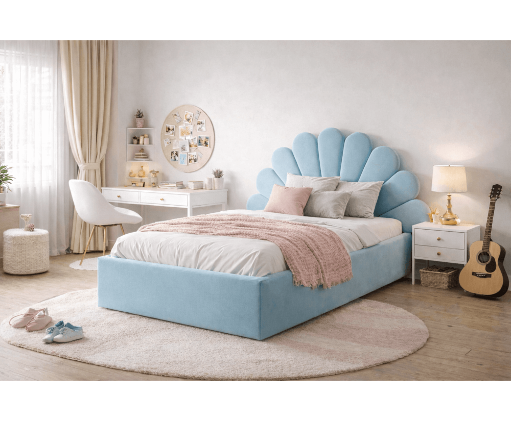 Jugendbett 100x200 cm mit Muschel-Kopfteil, Lattenrost mit Metallrahmen, Polsterbett SHELL
