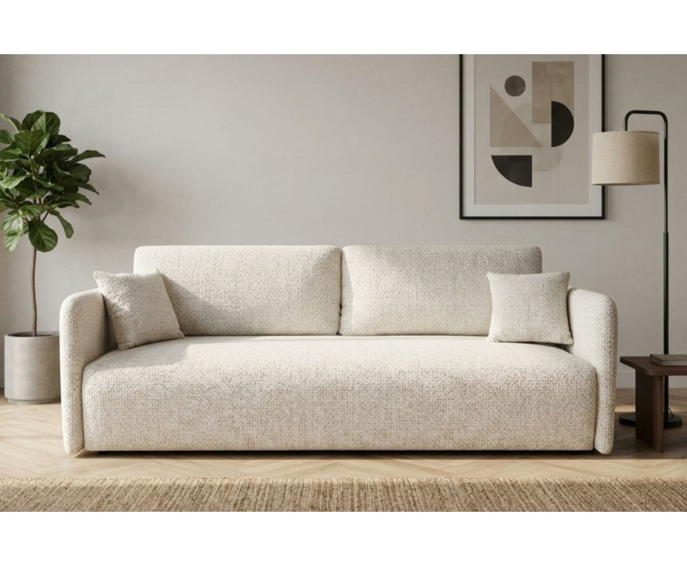 Modernes Sofa mit Schlaffunktion und Stauraum, schmale Armlehnen, Stoff ARAGON 01 creme, MAGNUM K2
