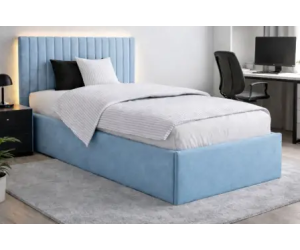 Jugendbett 120x200 cm, Polsterbett mit Bettkasten, Lattenrost mit Metallrahmen, schmale vertikale Nähte, BARTEK SM 02