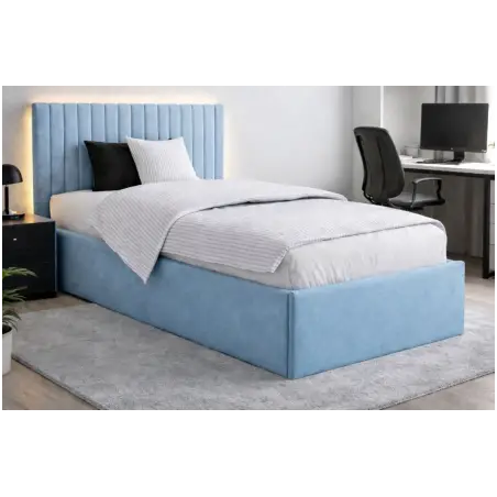 Jugendbett 120x200 cm, Polsterbett mit Bettkasten, Lattenrost mit Metallrahmen, schmale vertikale Nähte, BARTEK SM 02
