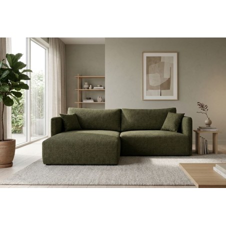 Komfortable Eckcouch in L-Form mit schmalen Armlehnen und Bettkasten, Stoff ARAGON Grün, MAGNUM N2