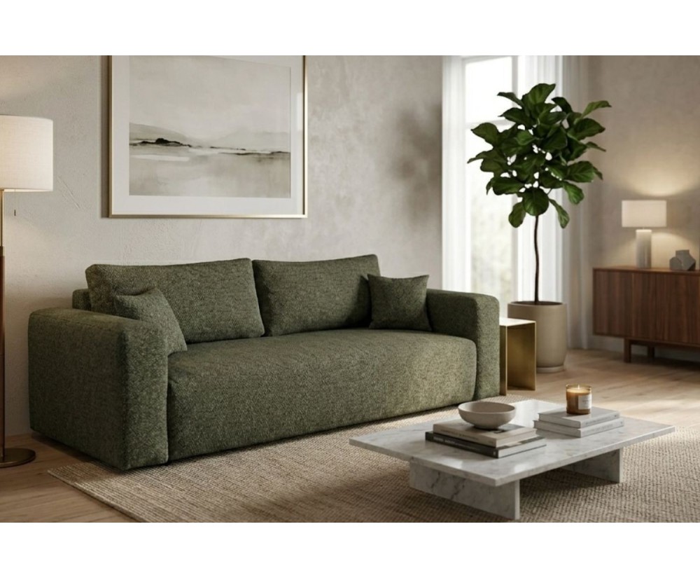 Ausziehbares Sofa mit Bettkasten & Schlaffunktion, Stoff ARAGON in Grün, MAGNUM K1