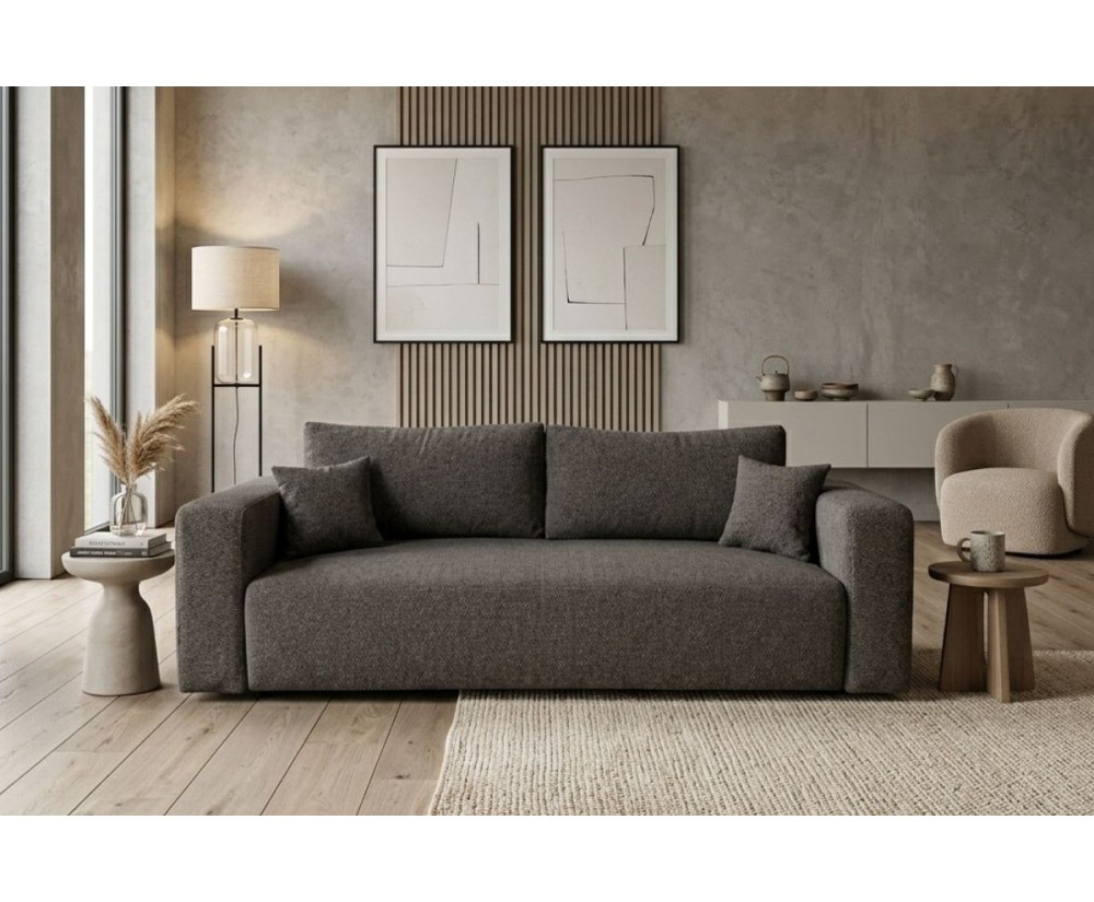 Komfortables Sofa mit Rückenkissen, Bettkasten & Schlaffunktion, Stoff ARAGON in Dunkelgrau, MAGNUM K1
