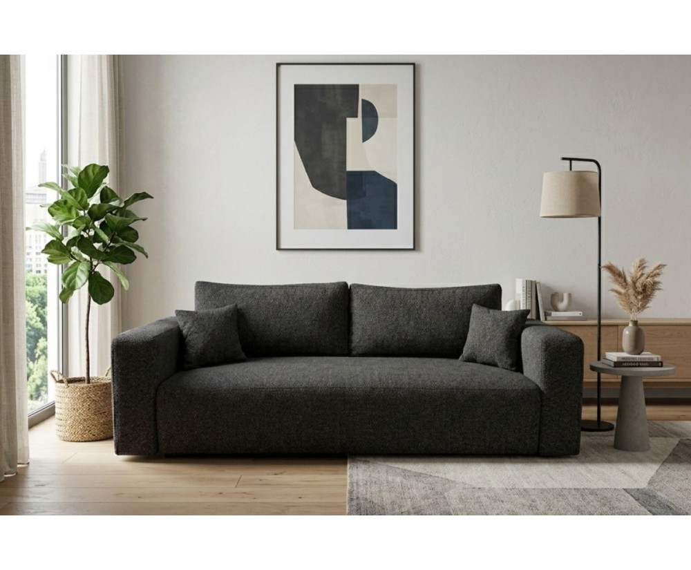 Klassiches Sofa mit Schlaffunktion und Bettkasten, Stoff ARAGON 99 in Schwarz, MAGNUM K1