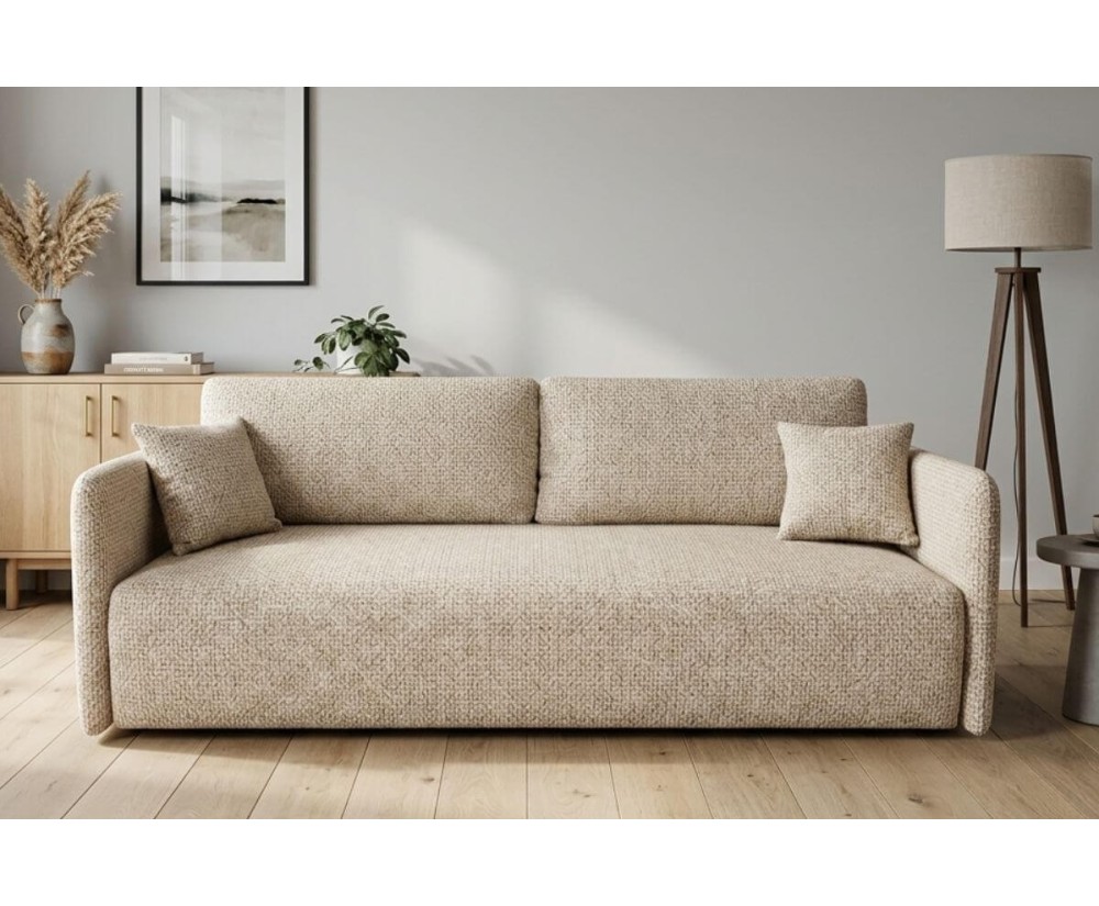 Bequeme Couch mit Bettkasten und DL-Automat, schmale Armlehnen, Stoff ARAGON 03 beige, MAGNUM K2