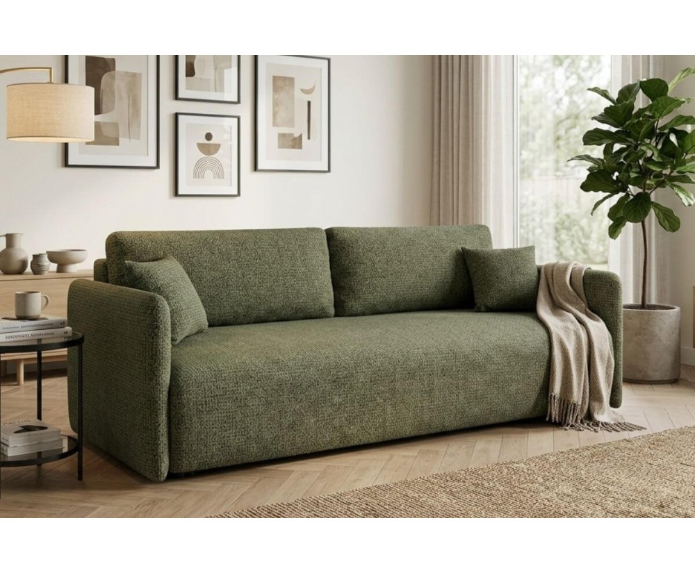 Elegantes 3-Sitzer-Sofa mit Schlaffunktion und Bettkasten, schmale Armlehnen, Stoff ARAGON 39 grün, MAGNUM K2