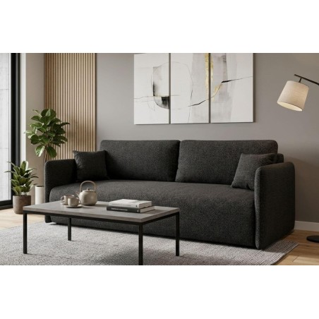 Schwarzes Sofa mit Schlaffunktion und Bettkasten, schmale Armlehnen, Stoff ARAGON 99, MAGNUM K2