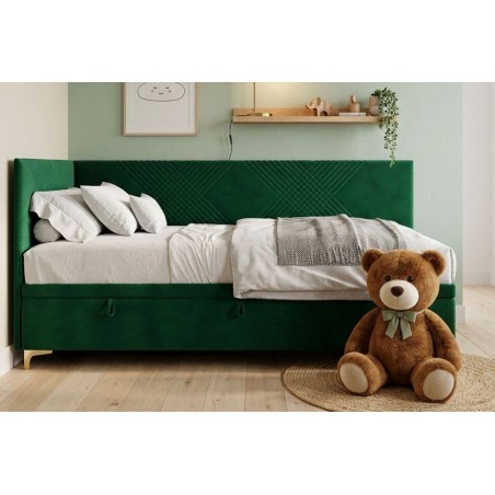Modernes Jugendbett 80x200 cm mit Bettkasten, Nähte in X-Form, verchromte goldene Füße, MATRIX 1R
