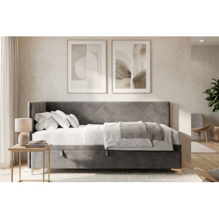 Schönes Eckbett 90x200 cm mit Bettkasten, Nähte in X-Form, verchromte goldene Füße, MATRIX 1R