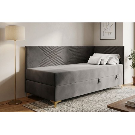 Einzelbett 100x200 cm mit Stauraum und Matratze, goldene Metallfüße, MATRIX 2M