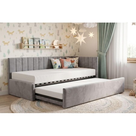 Kinderbett 90x200 mit zusätzlichem Schlafplatz und geräumiger Schublade, funktionales Ausziehbett ALVIN 01 MN