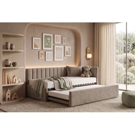 Modernes Ausziehbett 100x200 mit zwei Schlafplätzen und Bettkasten, Polsterbett mit Schublade ALVIN 01 MN
