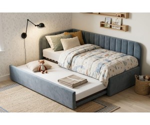 Polsterbett 90x200 mit zwei Liegeflächen und Bettkasten, funktionales Ausziehbett (2in1) ALVIN 02 MN