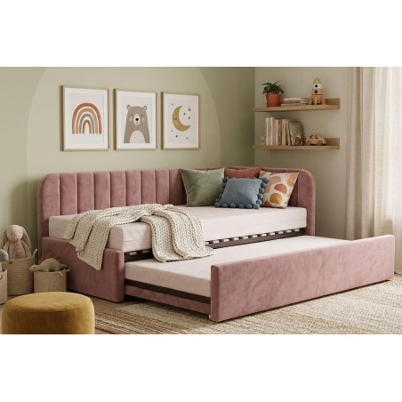 Gepolstertes Ausziehbett 100x200 mit zwei Schlafplätzen und Schublade für Bettwäsche, ALVIN 02 MN