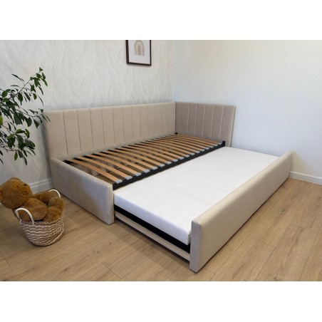 Stilvolles Kinderbett 90x200 RECHTS mit zusätzlichem Schlafplatz und geräumigem Bettkasten, funktionales Ausziehbett 2in1 ALVIN