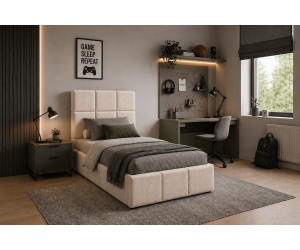 Polsterbett 90x200 cm, Einzelbett mit Bettkasten, Lattenrost mit Metallrahmen, IMPERIA S16