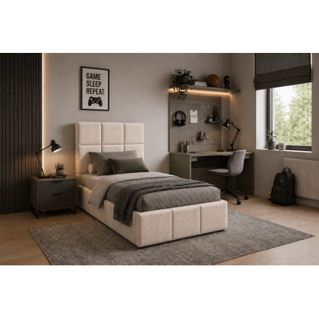 Polsterbett 90x200 cm, Einzelbett mit Bettkasten, Lattenrost mit Metallrahmen, IMPERIA S16